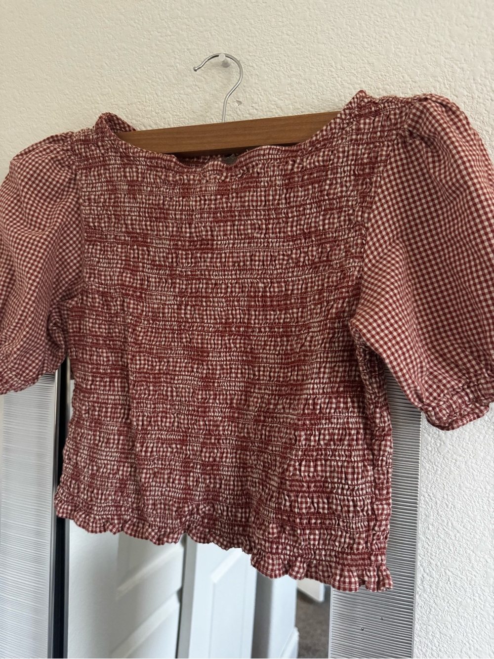 Smocked Gingham Puff-Sleeve Top Cotton